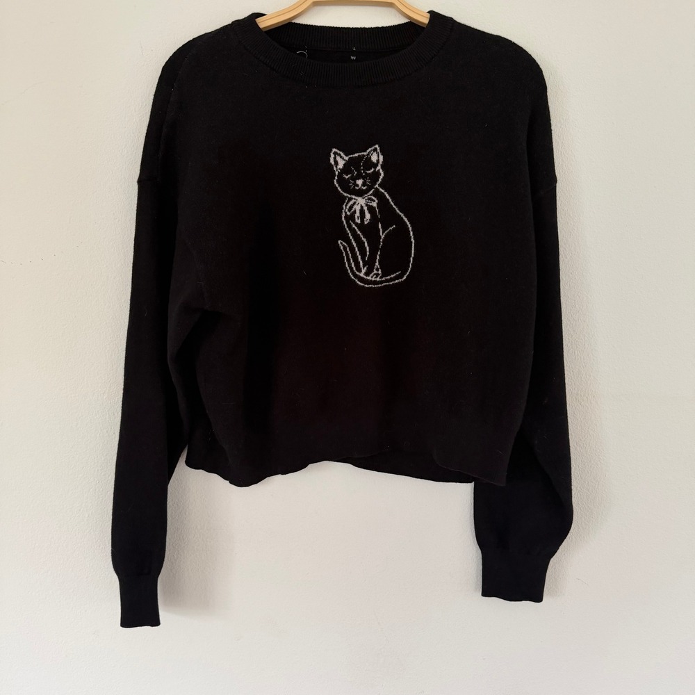 Black Cat Graphic Knit Sweater Crew Neck Relaxed Crop Pullover Size M Halloween